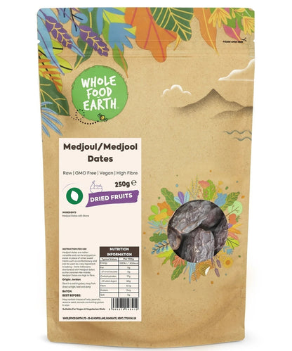 Whole Food Earth Medjoul Dates, GMO-free dried fruits, showing plump, moist, and naturally sweet dates on a clean background.