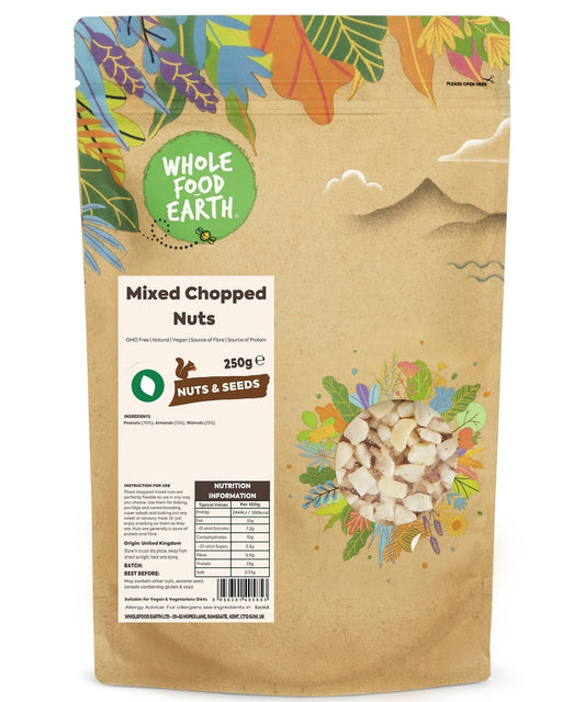 Mixed chopped nuts from Whole Food Earth, GMO-free and vegan, shown in a close-up image of a colorful nut mix in a bowl.