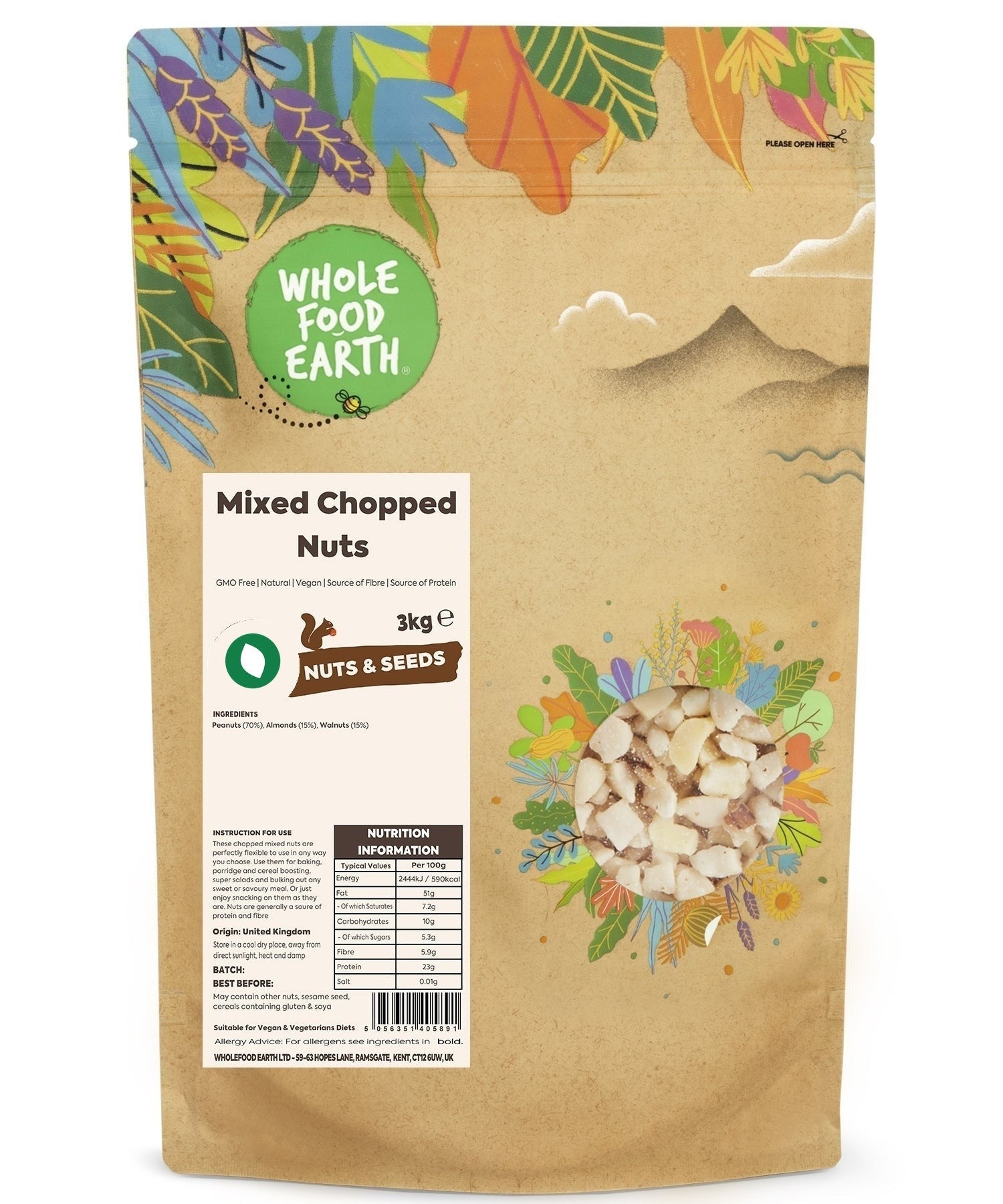 Mixed chopped nuts from Whole Food Earth, GMO-free and vegan, showing a variety of chopped nuts in a clear bowl.