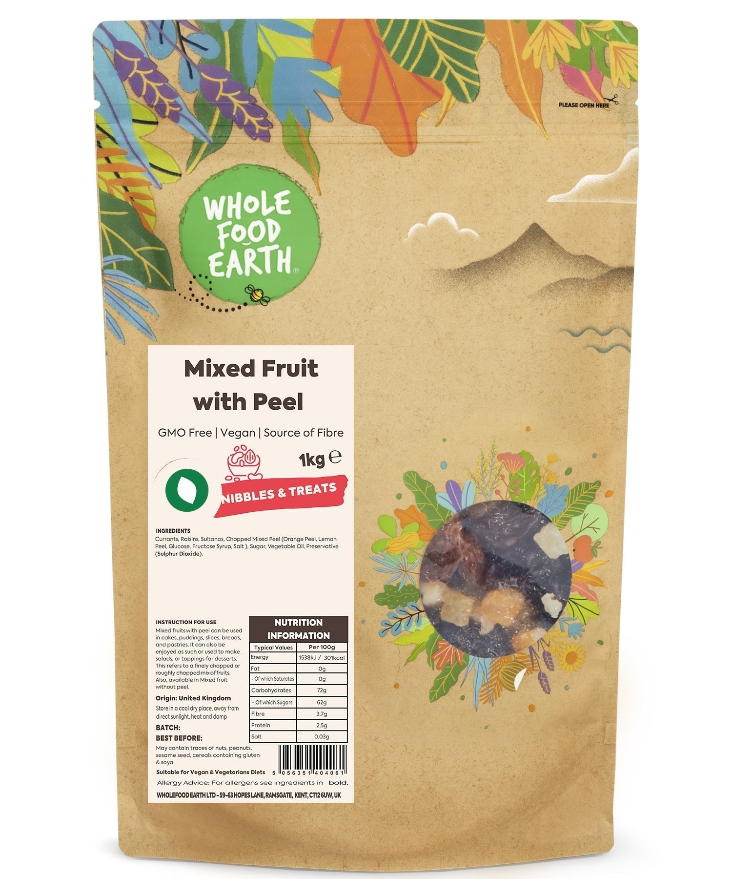 Dried mixed fruit with peel from Whole Food Earth, featuring a colorful assortment of GMO-free dried fruits in a natural setting.
