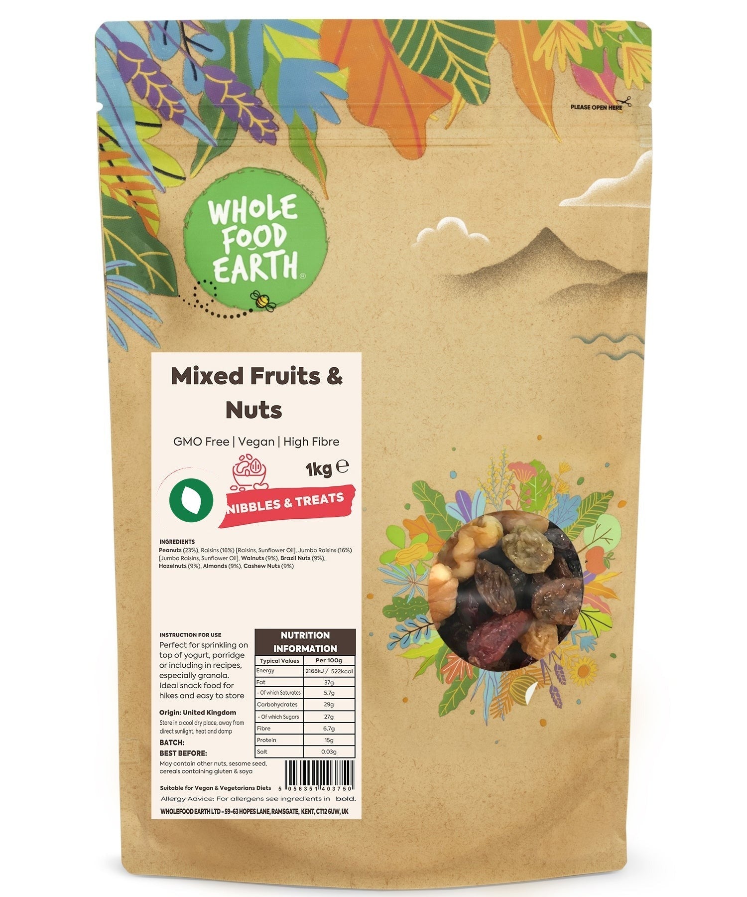 Mixed fruits and nuts from Whole Food Earth, GMO-free and vegan, in a specialty snack mix.