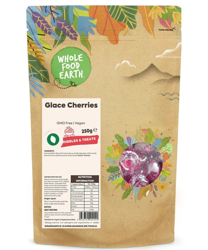 Natural dried glace cherries from Whole Food Earth, showing vibrant red, glossy dried fruit with a natural color and plump texture.