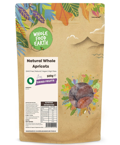 Dried Whole Apricots from Whole Food Earth, GMO-free natural dried fruit with vibrant orange color and textured surface.