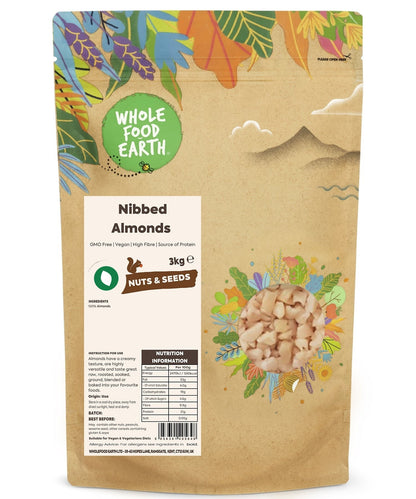 Whole Food Earth nibbed almonds, GMO-free and vegan, shown in a close-up image highlighting their natural texture and quality.