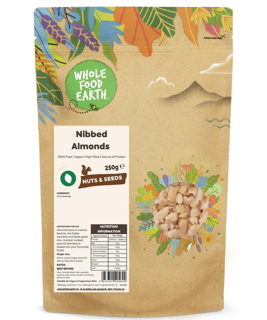 Whole Food Earth nibbed almonds in a bowl, GMO-free vegan nuts and seeds snack, showing the textured, toasted almond pieces.