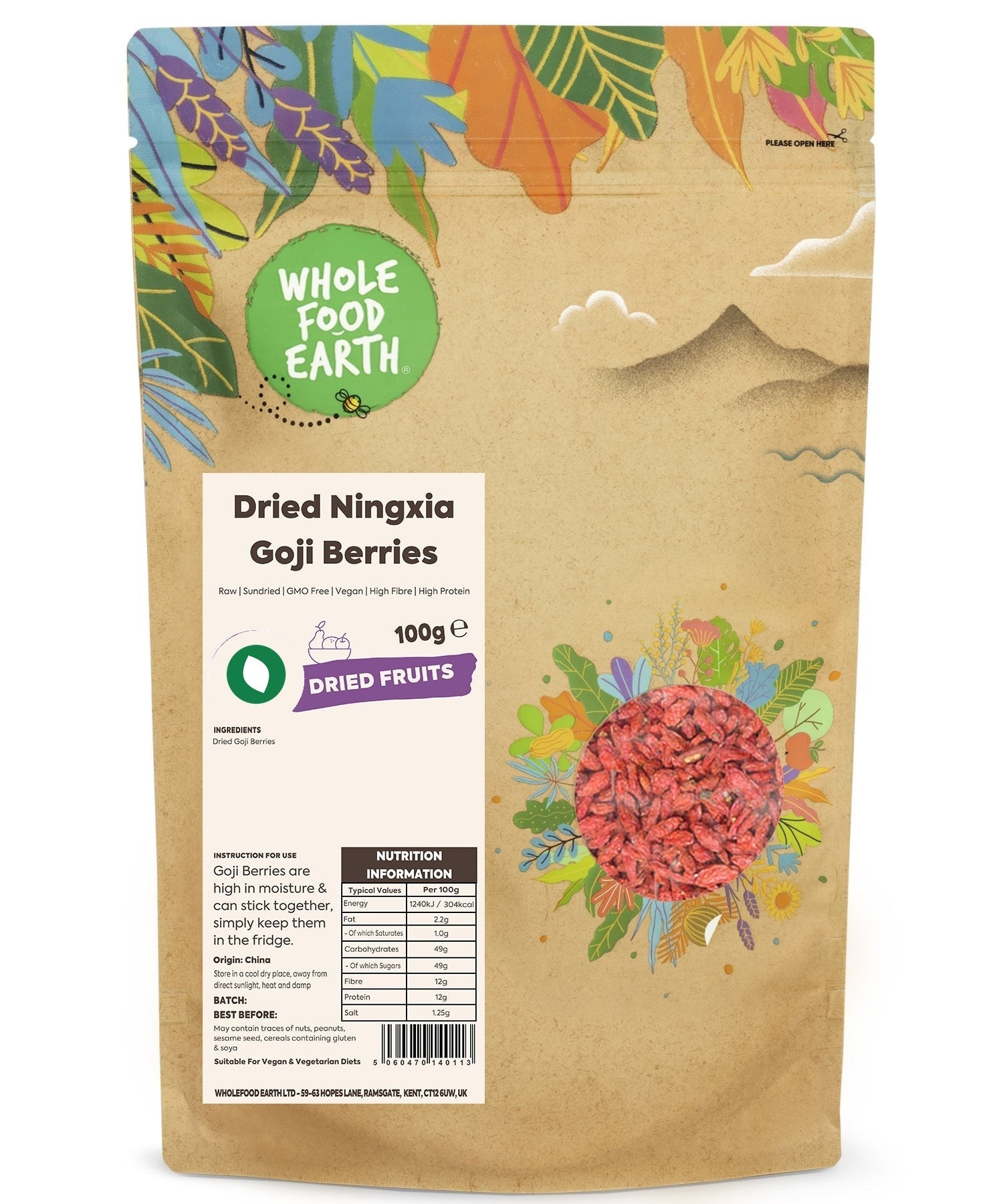 Dried Goji Berries from Whole Food Earth, GMO-free and sun-dried, shown in a close-up image highlighting their vibrant red color.