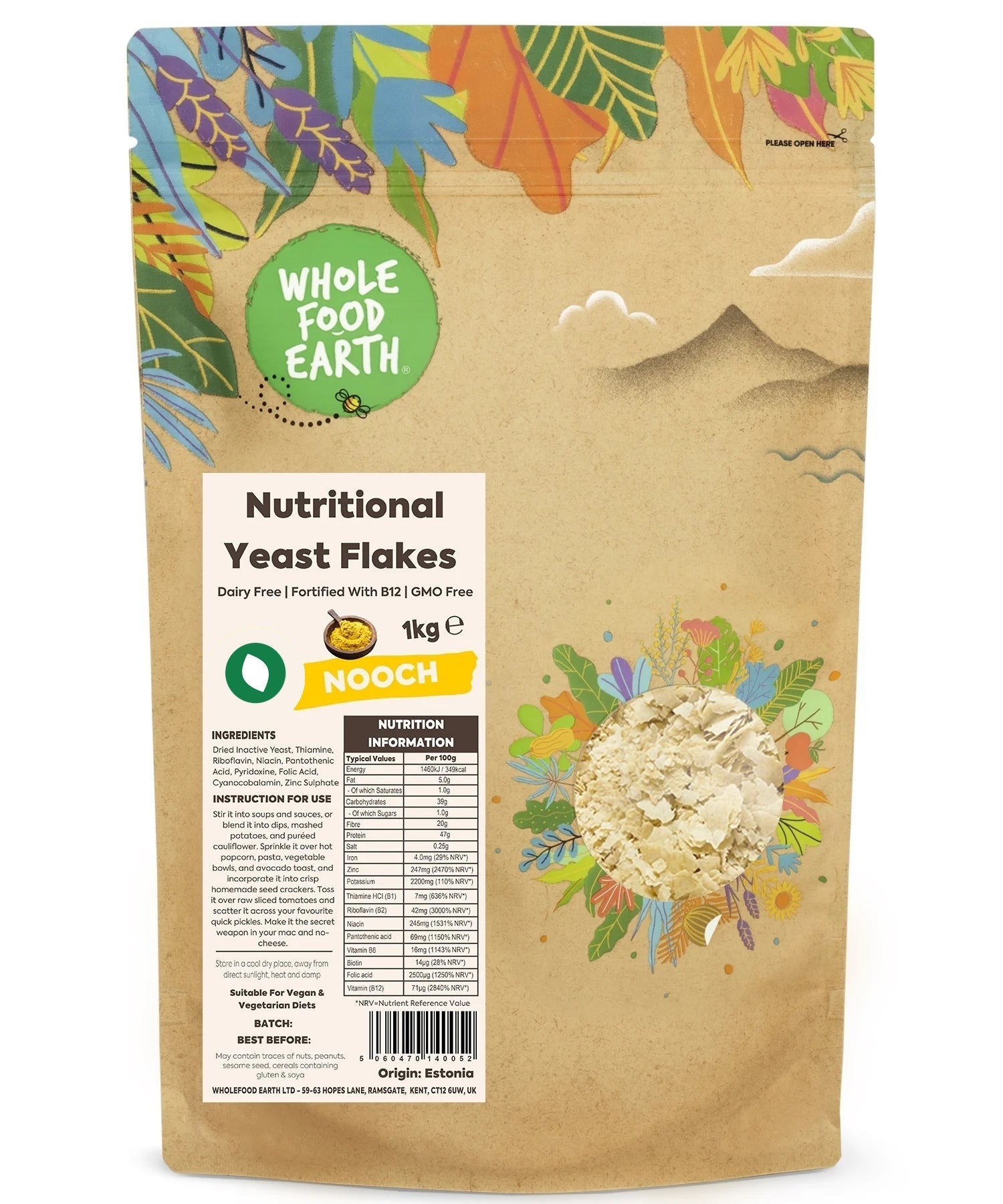 Whole Food Earth nutritional yeast flakes with B12, GMO-free, in a clear container, showing the golden-yellow flaky nutritional supplement.