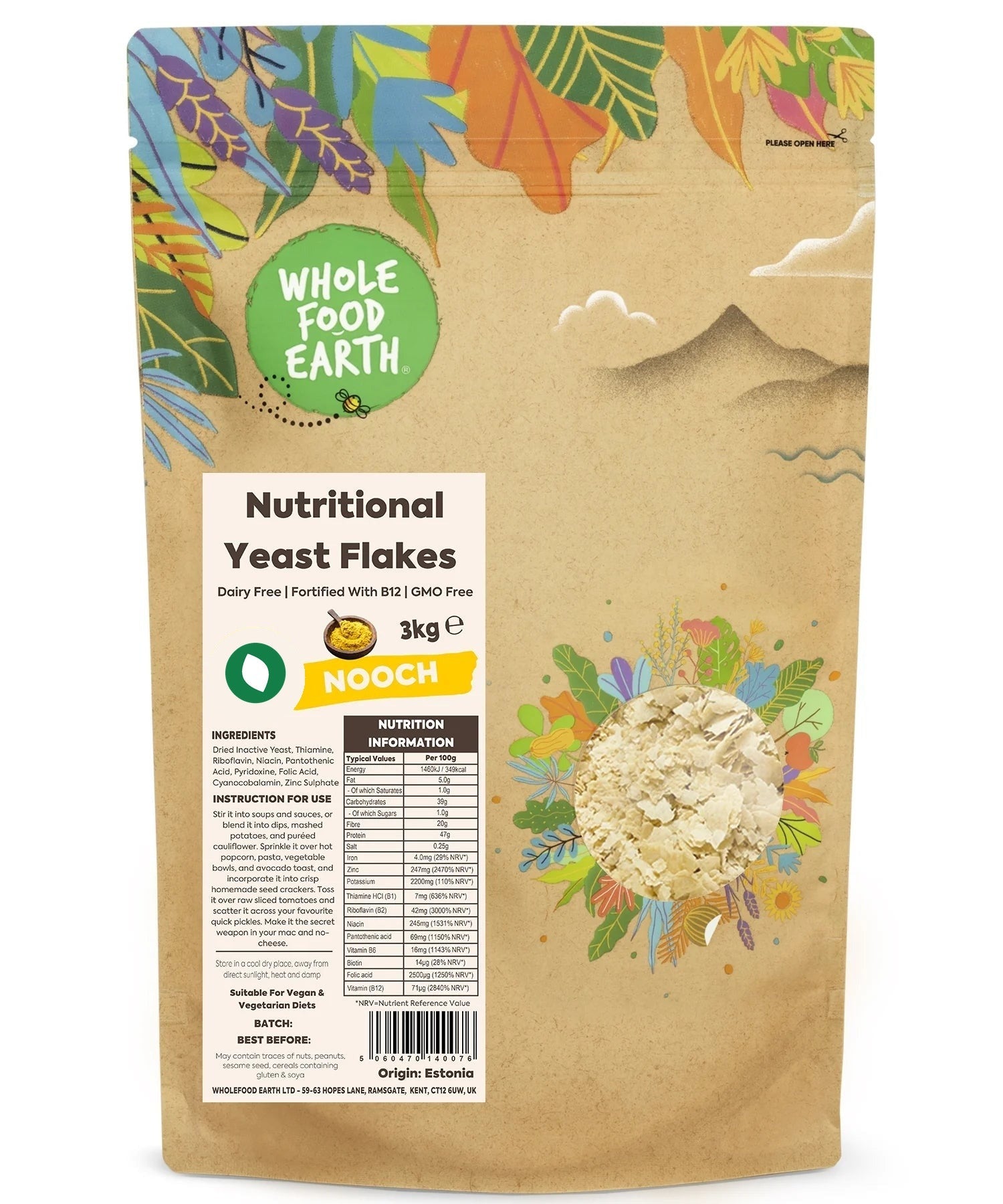 Whole Food Earth Nutritional Yeast Flakes with B12, GMO-free, in a clear container, used as a nutritious topping or supplement.