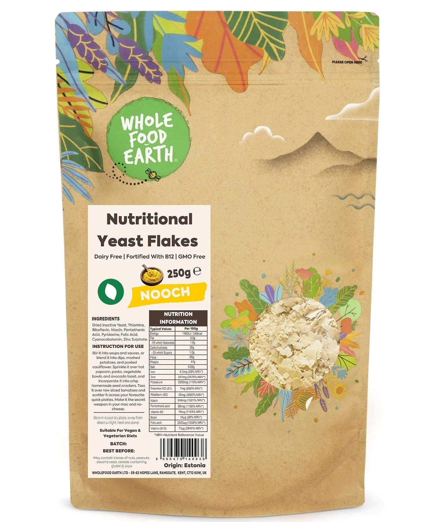 Whole Food Earth nutritional yeast flakes with B12, non-GMO, in a clear container, showcasing golden flakes for vegan cooking and seasoning.