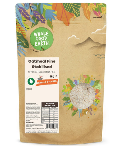 Fine oatmeal cereal from Whole Food Earth, GMO-free, vegan, and made with stabilized oats for a healthy breakfast option.