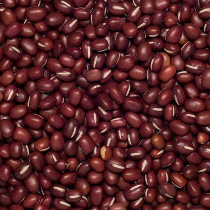 Organic Aduki Beans from Whole Food Earth, dry beans in a jar, showcasing their small red, glossy appearance.