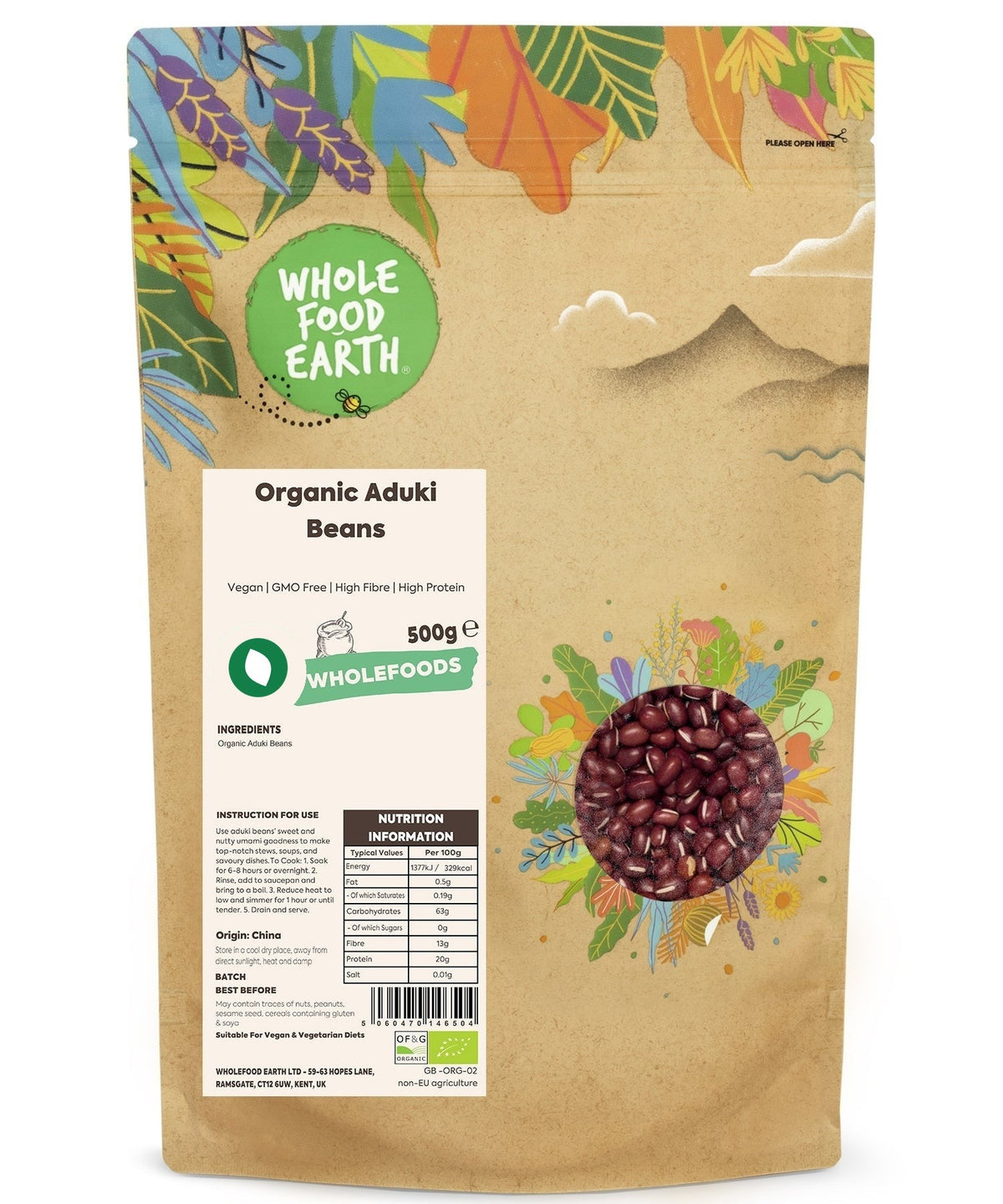 Organic Aduki Beans from Whole Food Earth, a natural and GMO-free beans and pulses product, shown in a close-up image.