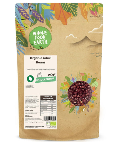 Organic Aduki Beans from Whole Food Earth, a natural and GMO-free beans and pulses product, shown in a close-up image.