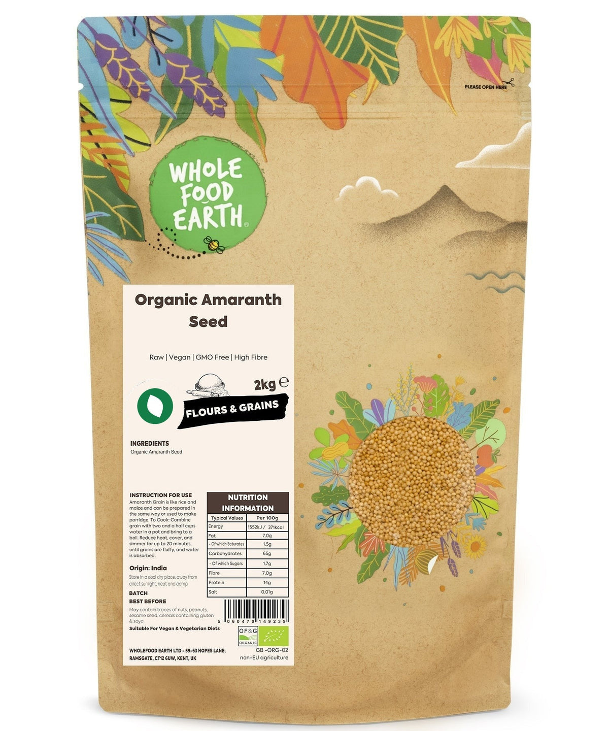 Raw organic amaranth seeds from Whole Food Earth, a natural grain ideal for vegan cooking and healthy grains.