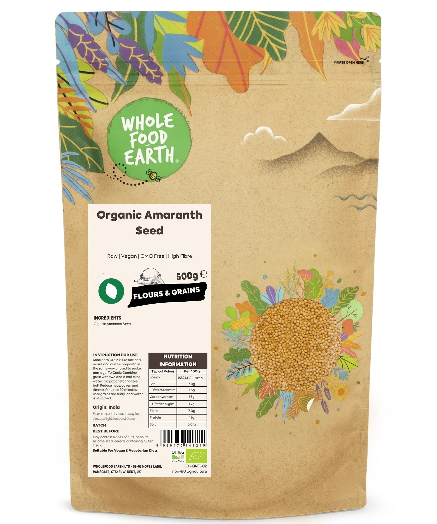 Raw organic amaranth grains from Whole Food Earth, gluten-free and GMO-free, ideal for healthy vegan cooking and baking.
