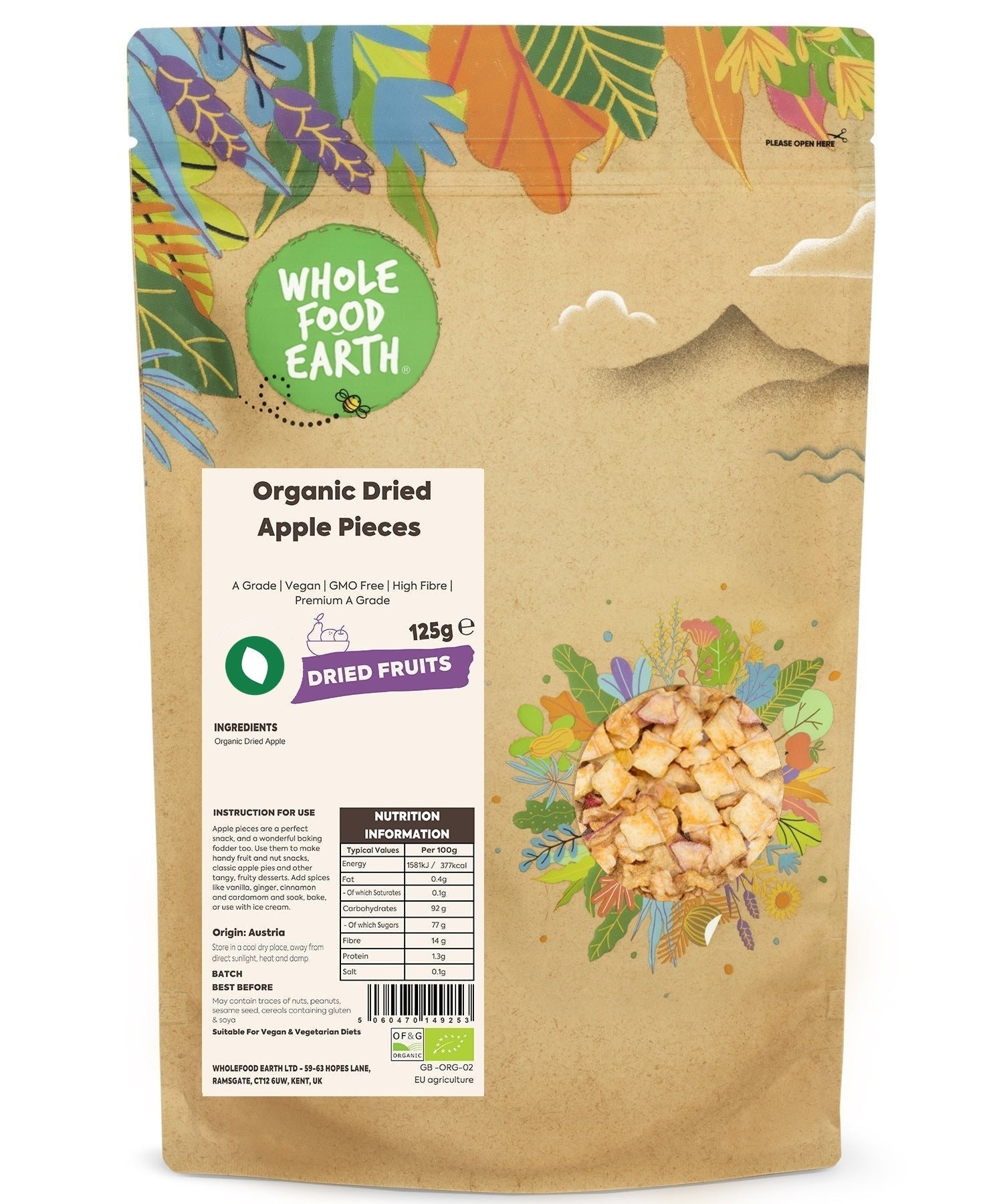 Organic dried apple pieces from Whole Food Earth, A Grade dried fruit with small, golden-brown apple chunks on a white background.