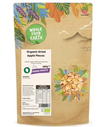 Organic dried apple pieces from Whole Food Earth, A Grade dried fruit, showing small, golden-brown apple chunks on a white background.