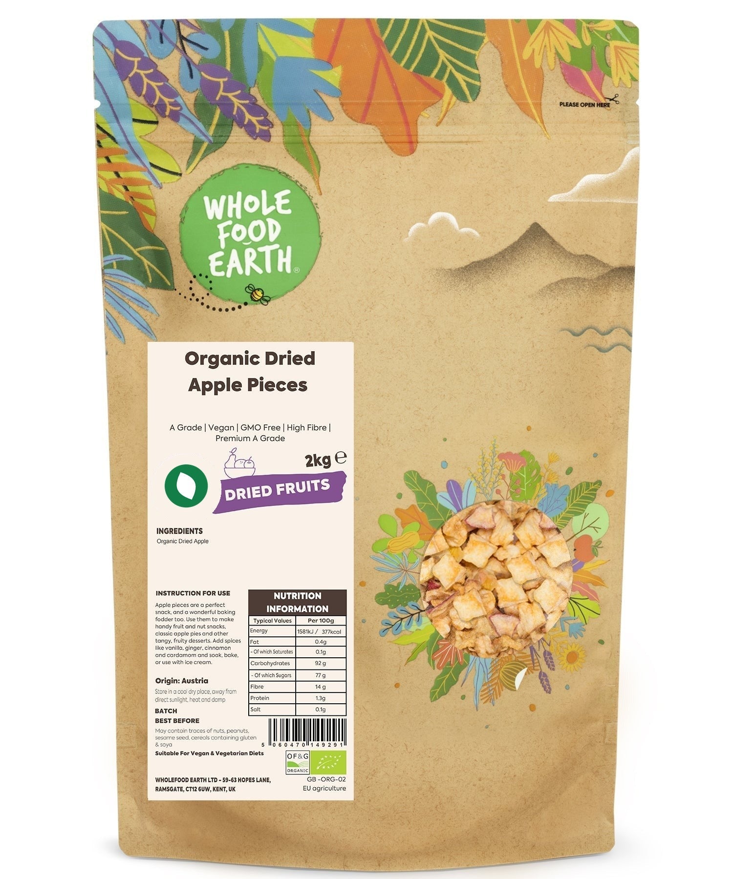 Organic dried apple pieces from Whole Food Earth, A Grade dried fruit with vibrant, sliced apple pieces on a white background.