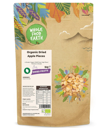 Organic dried apple pieces from Whole Food Earth, A Grade dried fruit with vibrant, sliced apple pieces on a white background.
