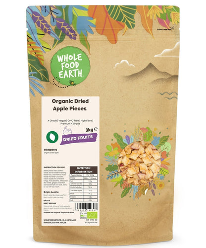 Organic dried apple pieces from Whole Food Earth, showing vibrant, sliced apple bits suitable for snacking or baking.