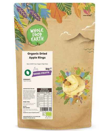 Organic dried apple rings from Whole Food Earth, raw and GMO-free dried fruit with natural, vibrant apple color and texture