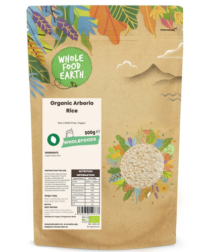 Organic Arborio rice from Whole Food Earth, raw, GMO-free, ideal for risotto and rice dishes displayed in a clear bag.