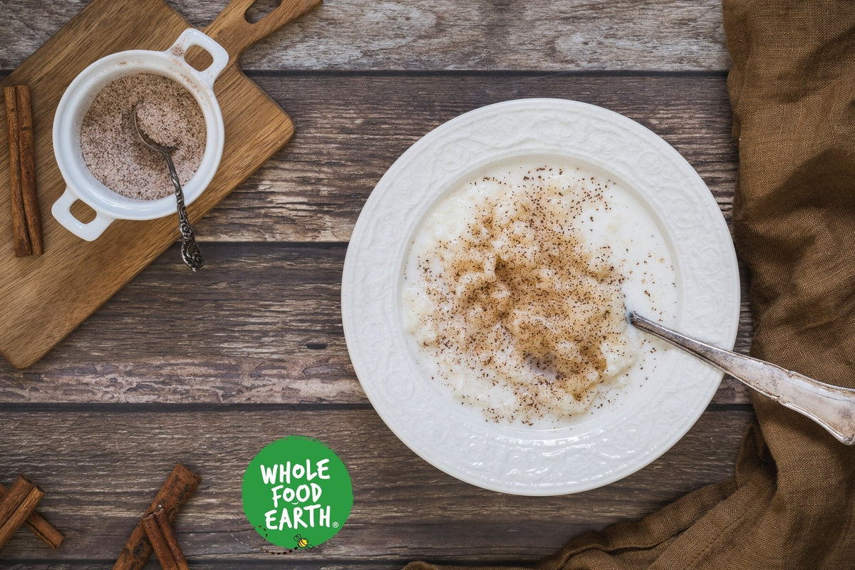 Organic Arborio rice from Whole Food Earth, raw and GMO-free, ideal for risotto and vegan dishes.