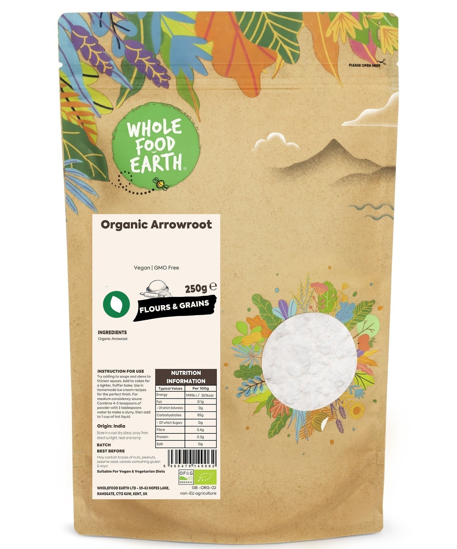 Organic Arrowroot powder from Whole Food Earth, GMO-free and vegan, shown in a natural kitchen setting, highlighting its fine white texture.
