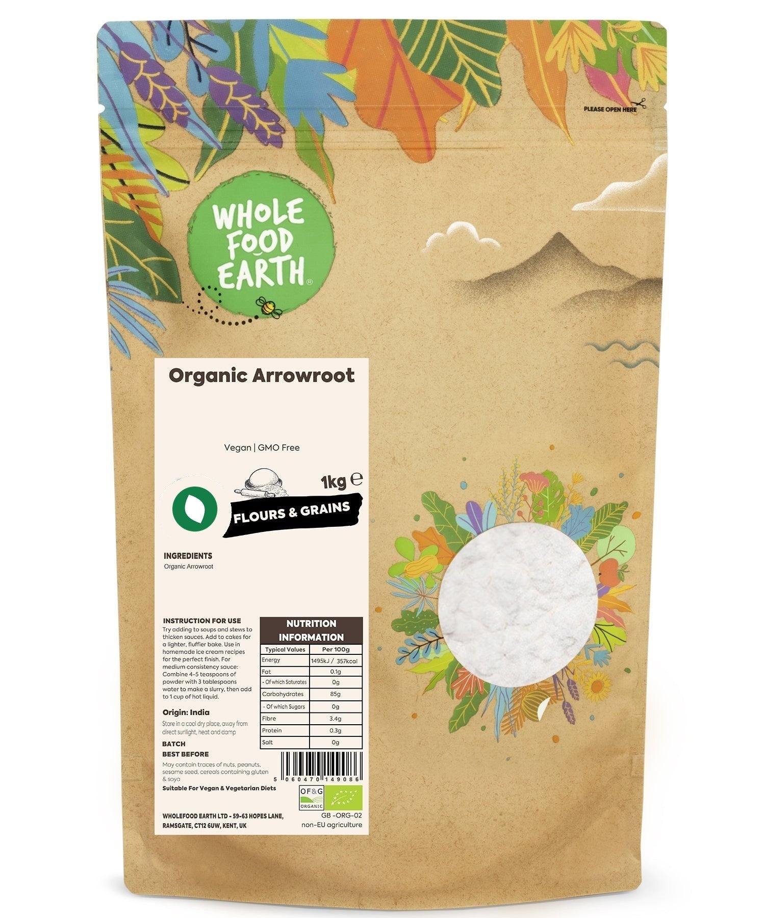 Organic arrowroot powder by Whole Food Earth, GMO-free, vegan, fine white starch used for thickening and baking.