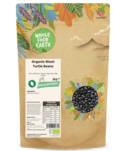Raw organic black turtle beans from Whole Food Earth, showing glossy black beans in a close-up view.