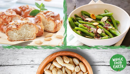 Organic blanched almonds from Whole Food Earth, raw and GMO-free, displayed in a clear bowl on a neutral background.