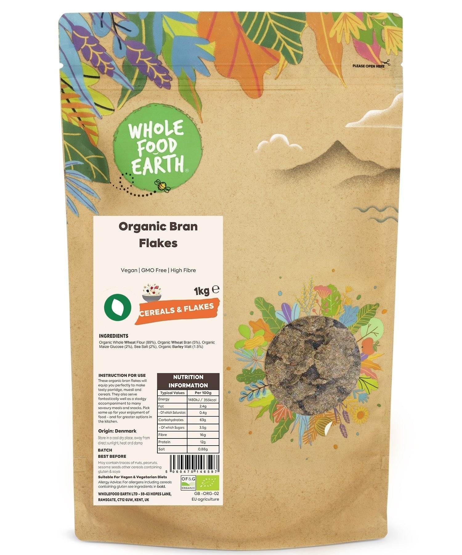 Whole Food Earth Organic Bran Flakes cereal in a bowl, showing crunchy, no-added-sugar bran flakes with natural grains