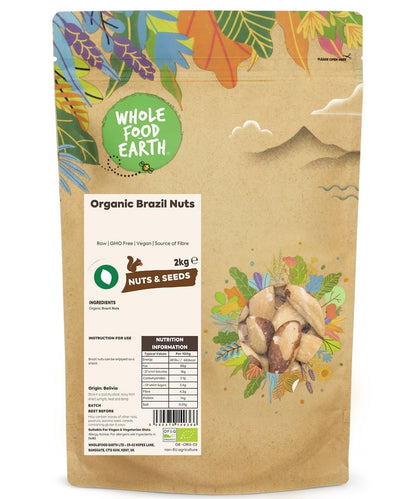 Raw organic Brazil nuts from Whole Food Earth, showing large, whole nuts with light brown shells on a white background.