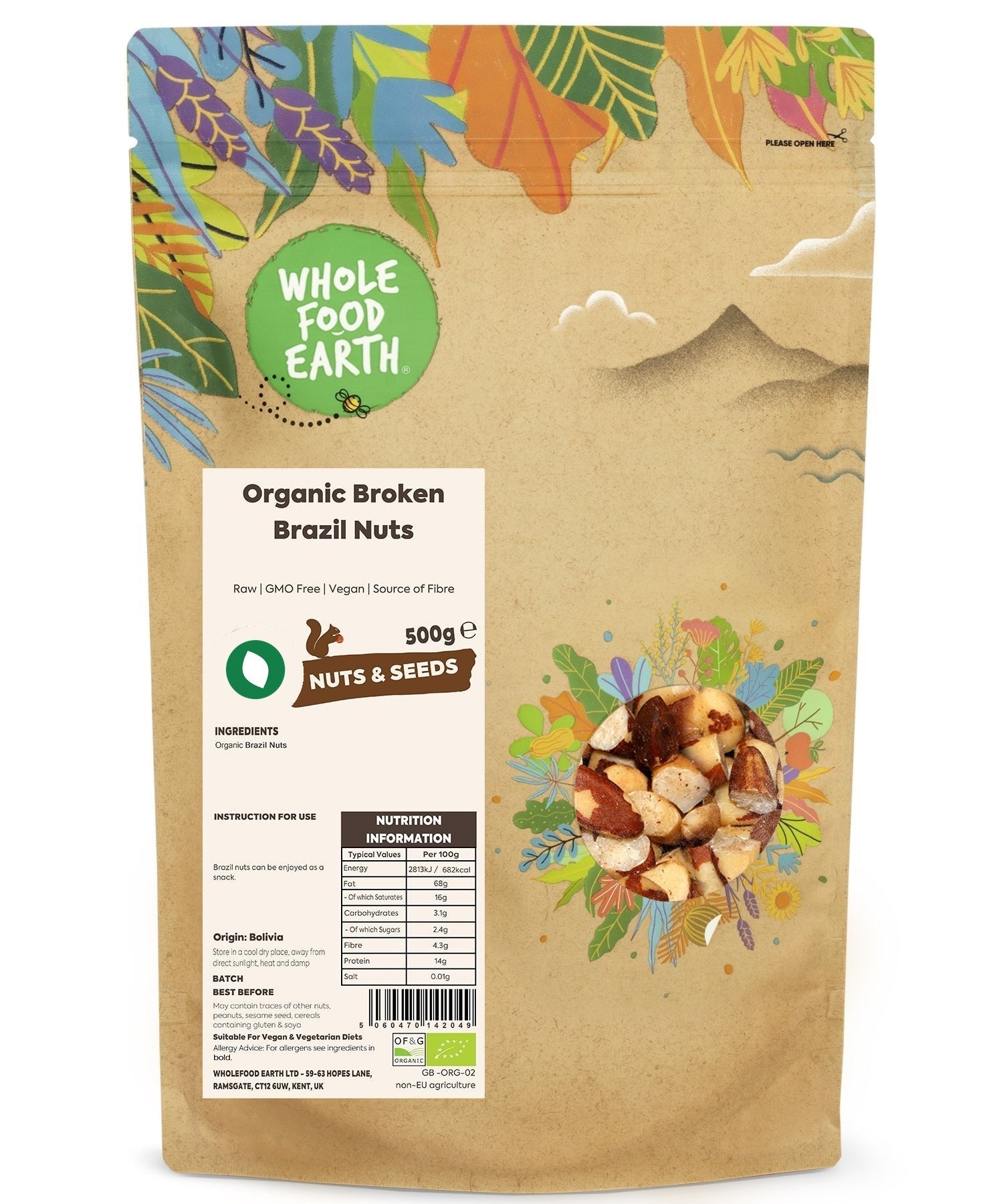 Organic broken Brazil nuts from Whole Food Earth, raw and GMO-free, showing the textured, natural nut pieces in a clear view.
