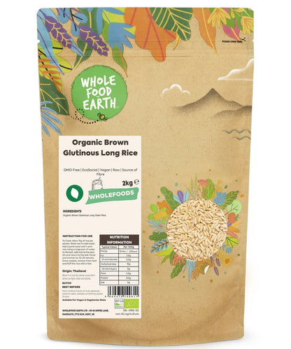 Organic brown glutinous long rice from Whole Food Earth, shown in a clear image highlighting its long, sticky grains.