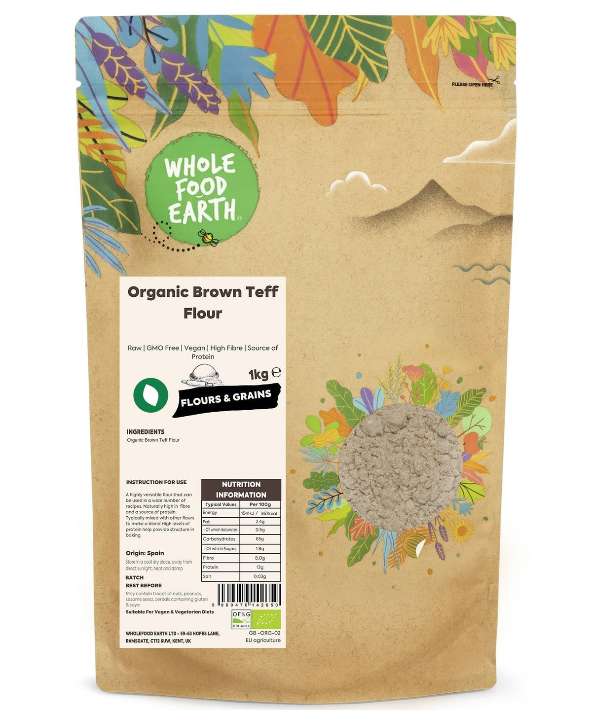 Organic brown teff flour from Whole Food Earth, showing a bag of gluten-free, low-GI teff flour for baking and cooking.