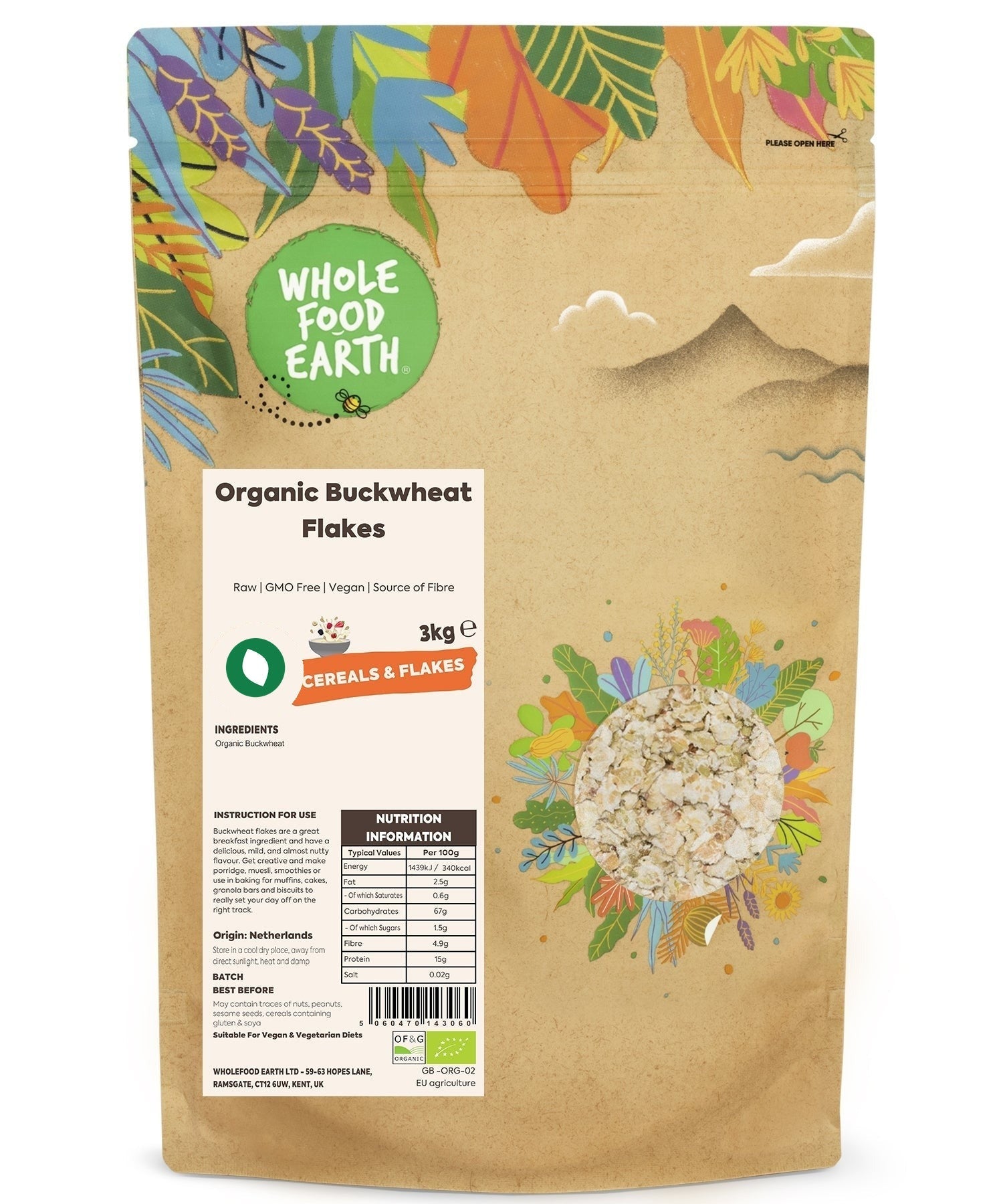 Raw organic buckwheat flakes from Whole Food Earth, showing light, golden cereal grains in a close-up view.