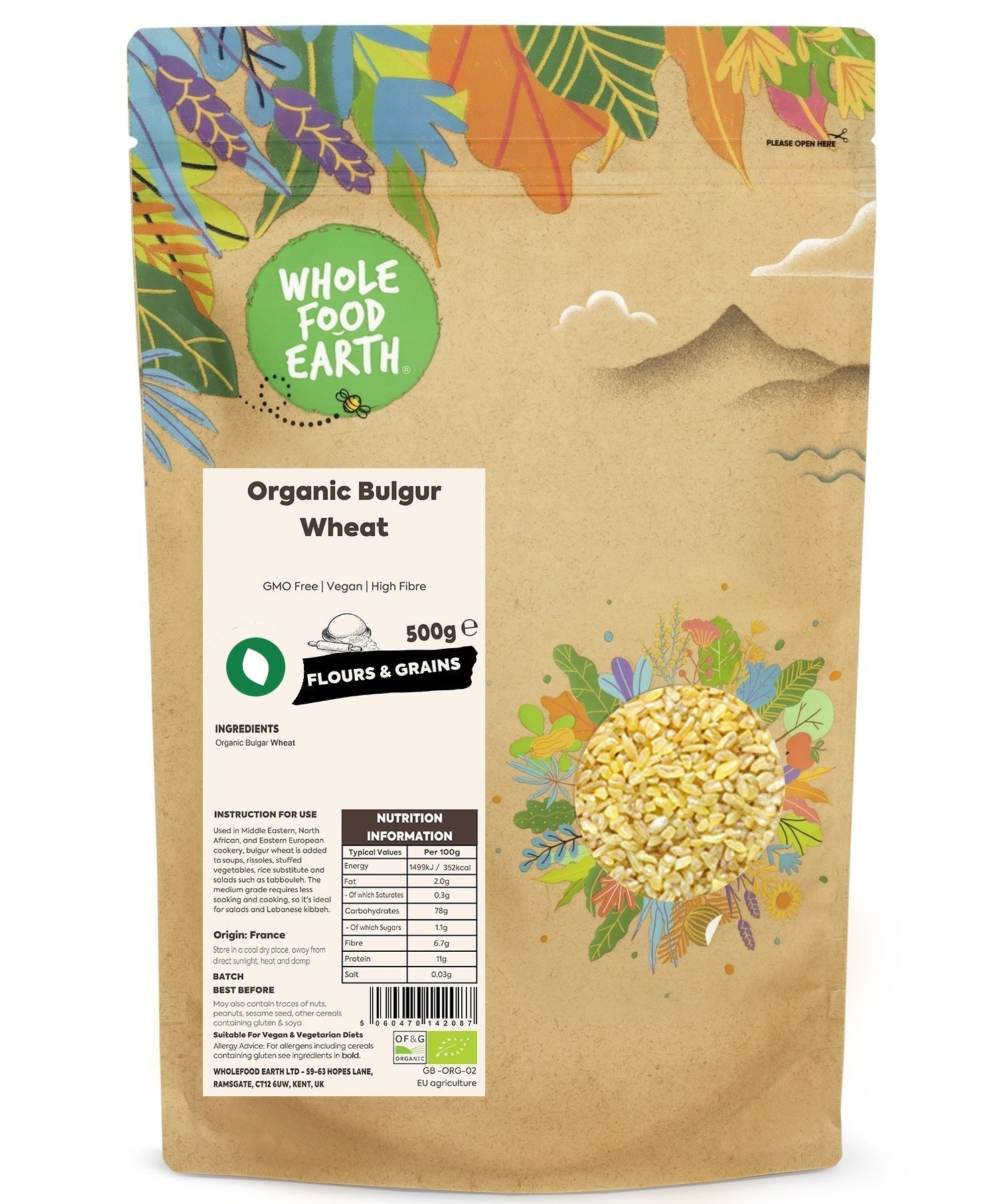 Organic bulgur wheat from Whole Food Earth, GMO-free, in a clear bag showing golden, cracked wheat grains for cooking and baking.