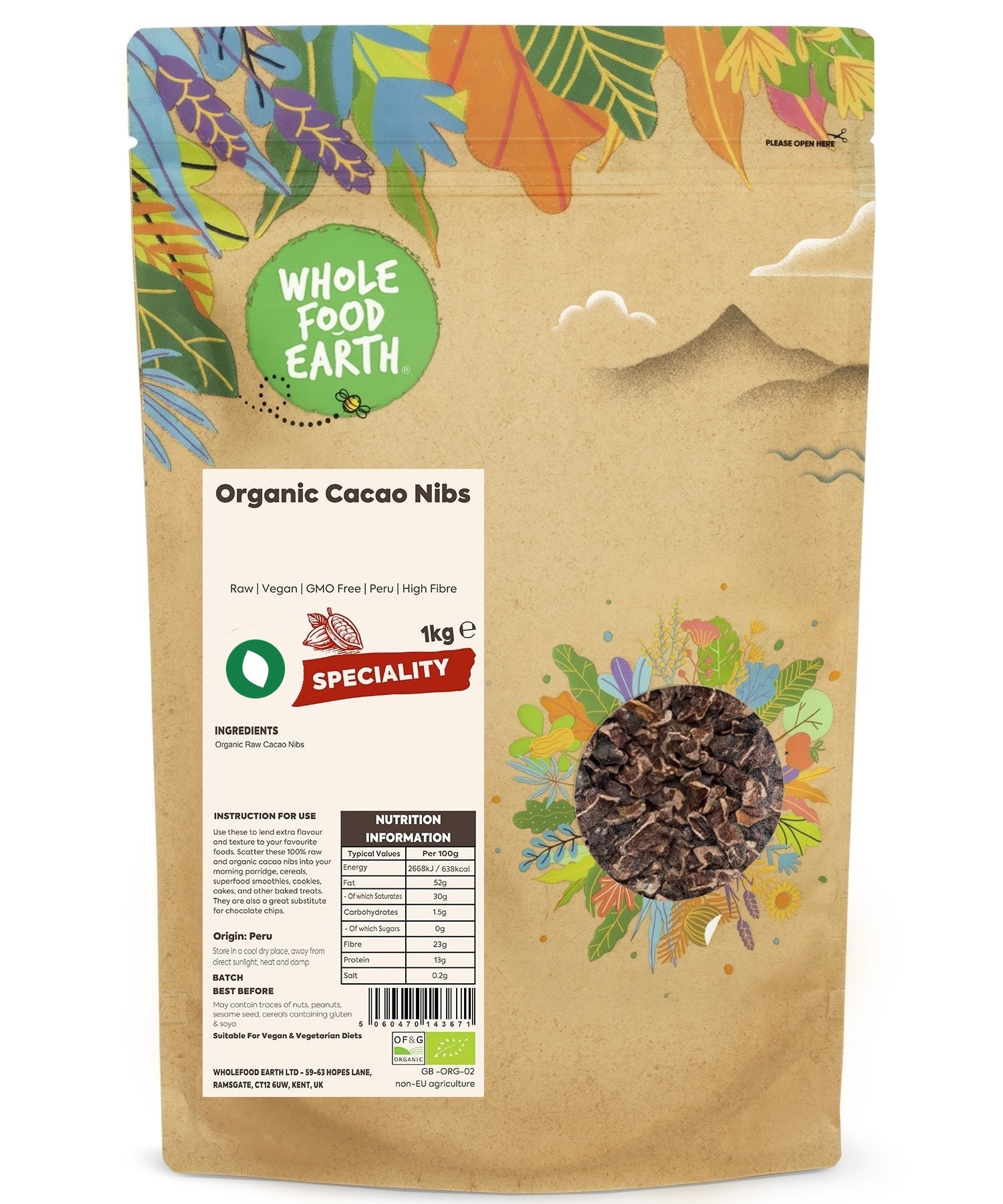 Raw organic cacao nibs from Whole Food Earth, small crunchy pieces of dark cacao beans for vegan and healthy snacking.