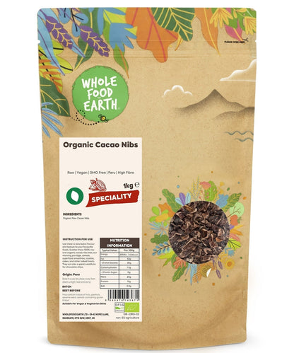Raw organic cacao nibs from Whole Food Earth, small crunchy pieces of dark cacao beans for vegan and healthy snacking.