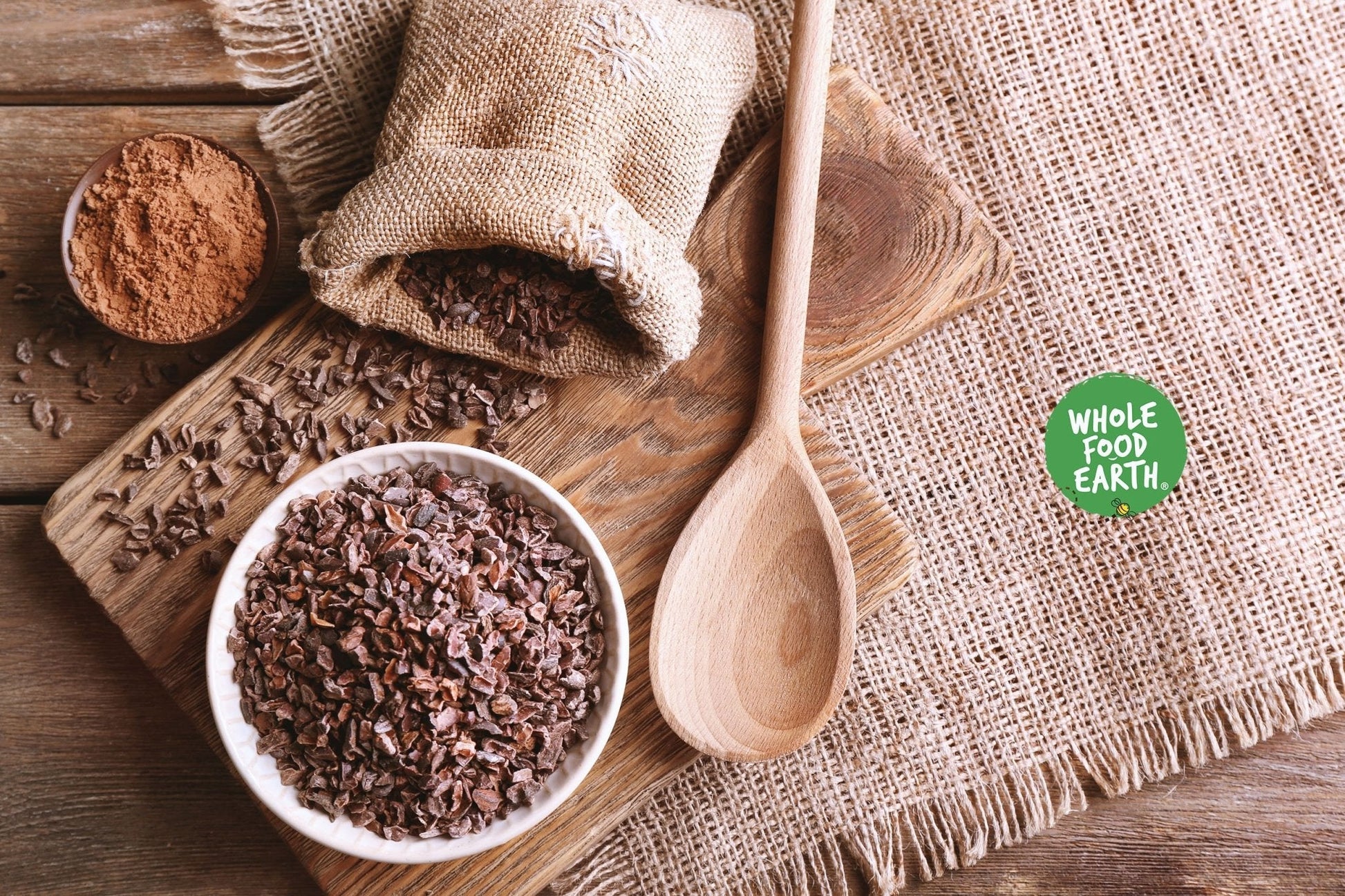 Organic cacao nibs by Whole Food Earth, raw and vegan specialty cacao pieces from Peru, GMO-free and natural.