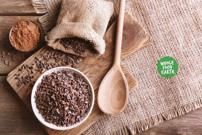 Organic cacao nibs by Whole Food Earth, raw and vegan specialty cacao pieces from Peru, GMO-free and natural.