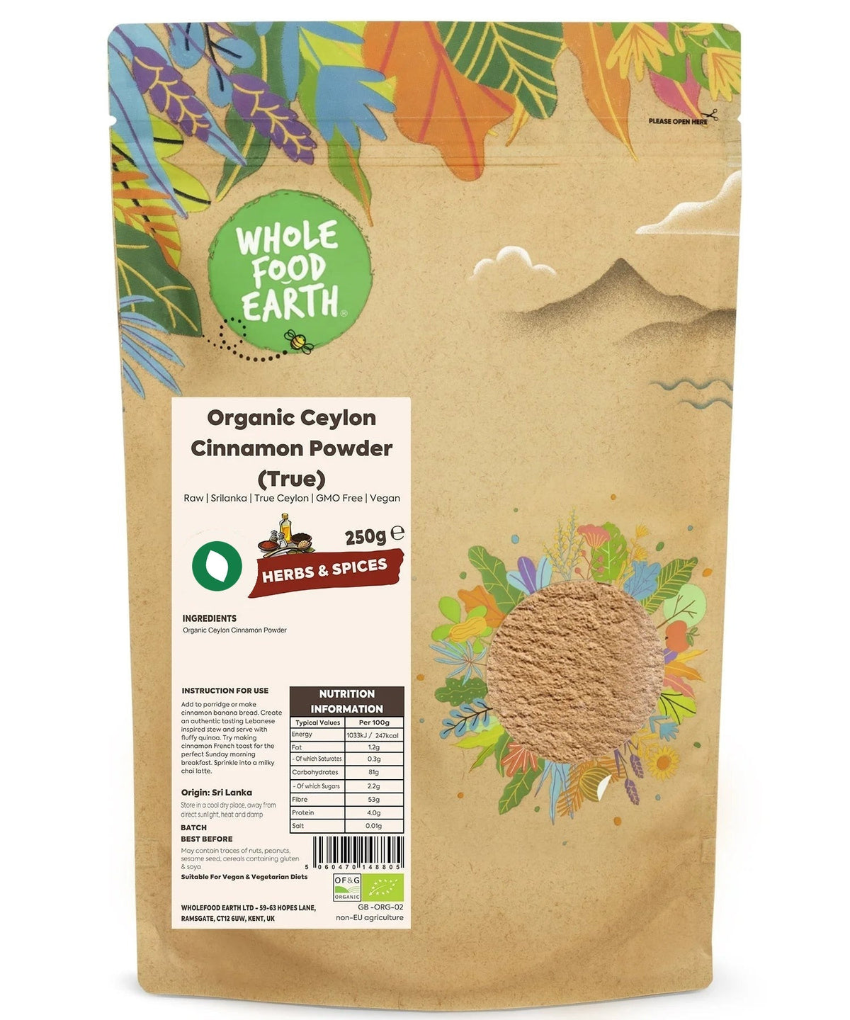 Organic Ceylon Cinnamon Powder from Whole Food Earth in a clear glass jar, showing fine brown cinnamon spice on a white background.
