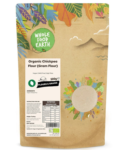 Organic chickpea flour from Whole Food Earth, a natural gram flour in a clear bag with a resealable top.