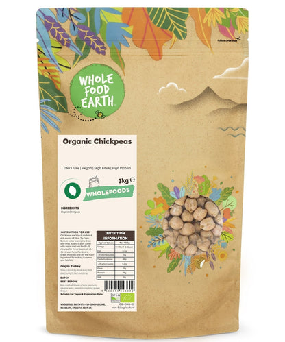 Organic Chickpeas from Whole Food Earth, showing a bowl of plump, GMO-free chickpeas on a rustic surface.