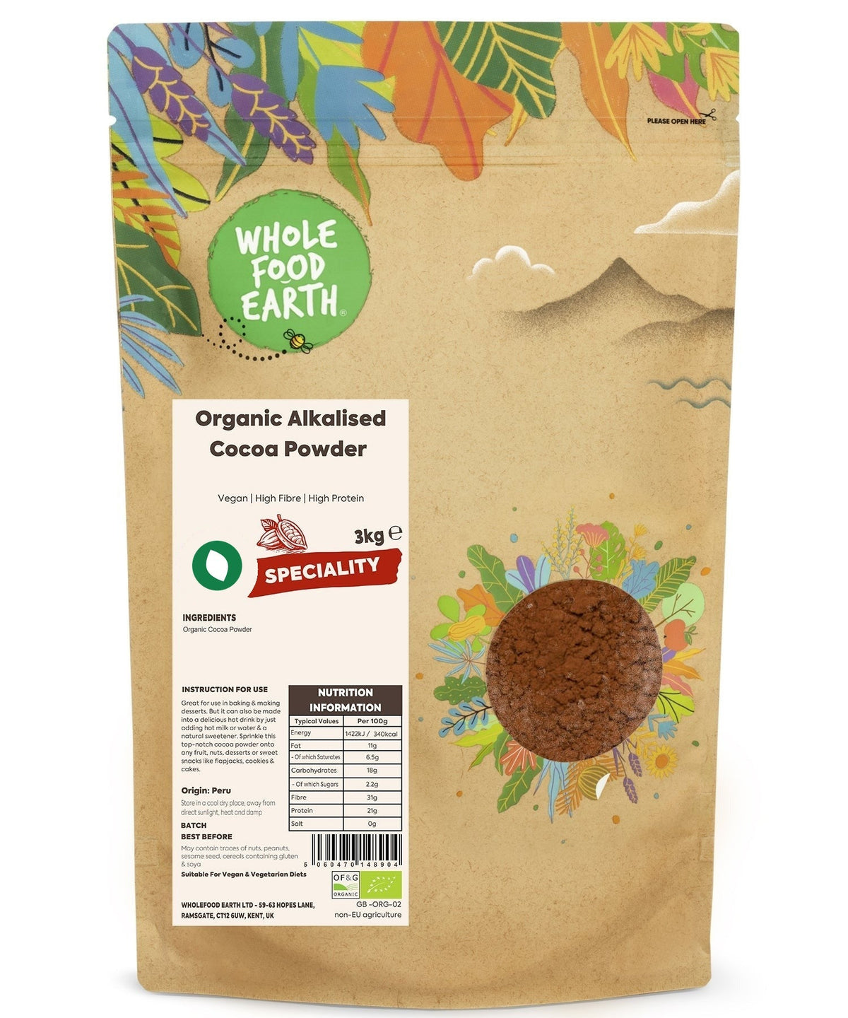 Organic alkalised cocoa powder from Whole Food Earth, a specialty product shown in a close-up image with rich, dark cocoa powder.