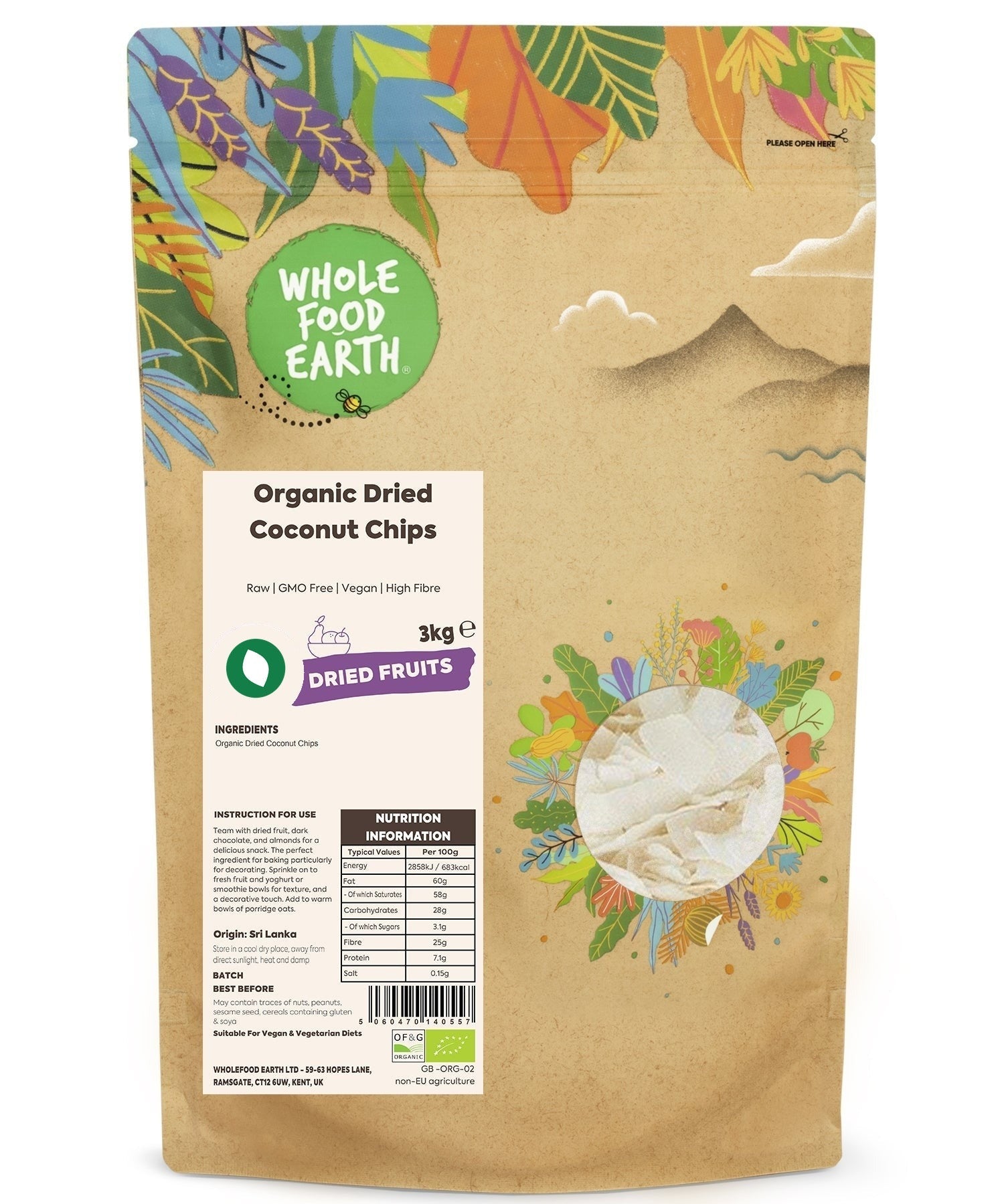 Organic dried coconut chips from Whole Food Earth, raw and GMO-free, shown in a close-up image with golden toasted coconut pieces.