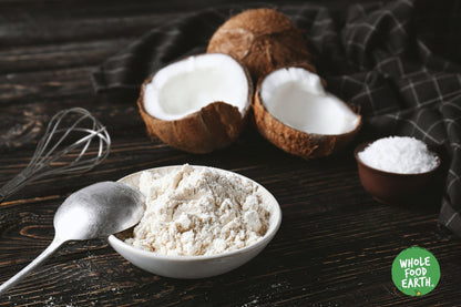 Organic coconut flour from Whole Food Earth, gluten-free and GMO-free, shown in a close-up of the fine, white powdered flour.