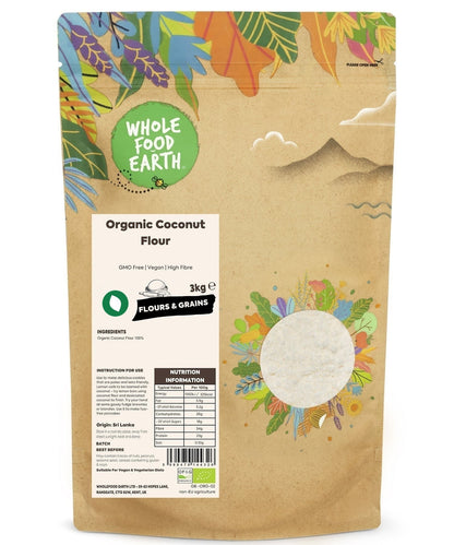 Organic coconut flour from Whole Food Earth, showing a bag of gluten-free, GMO-free coconut flour on a wooden surface.