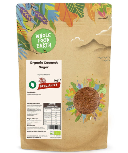 Organic Coconut Sugar from Whole Food Earth, natural coconut sweetener in a clear jar with a brown sugar appearance and label.